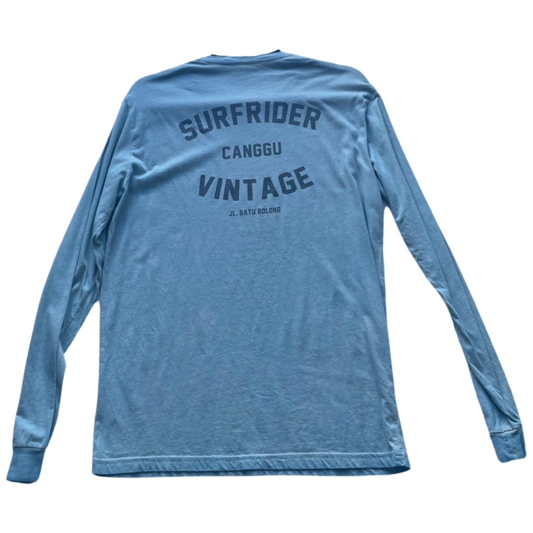 SurfRider Vintage (Canggu) 100% Cotton, Long Sleeve Tee- Shirt (Pale Blue / Black Print / Lightning Bolt logo)