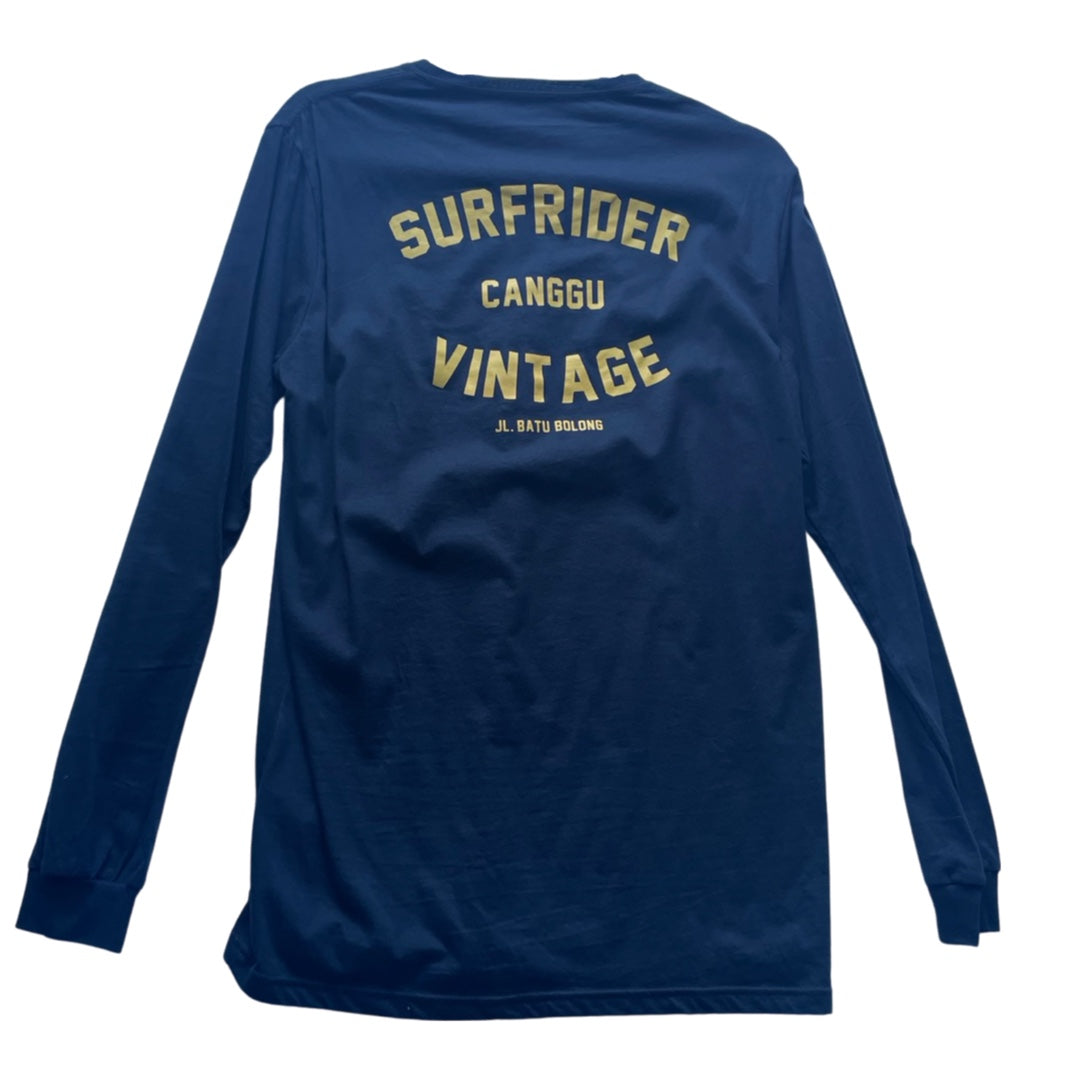 SurfRider Vintage (Canggu) 100% Cotton, Long Sleeve tee-Shirt (Navy / Yellow Print / SurfRider logo)