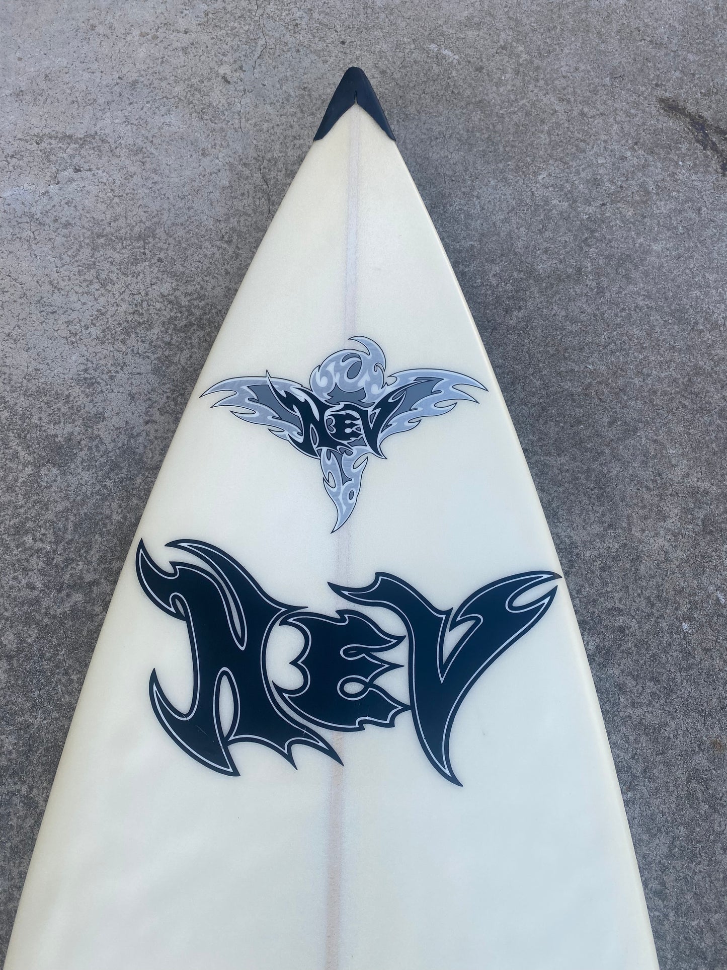 6’8 Nev Hyman 1990’s Vintage Thruster Surfboard, Gothic logo, straight & Clean condition