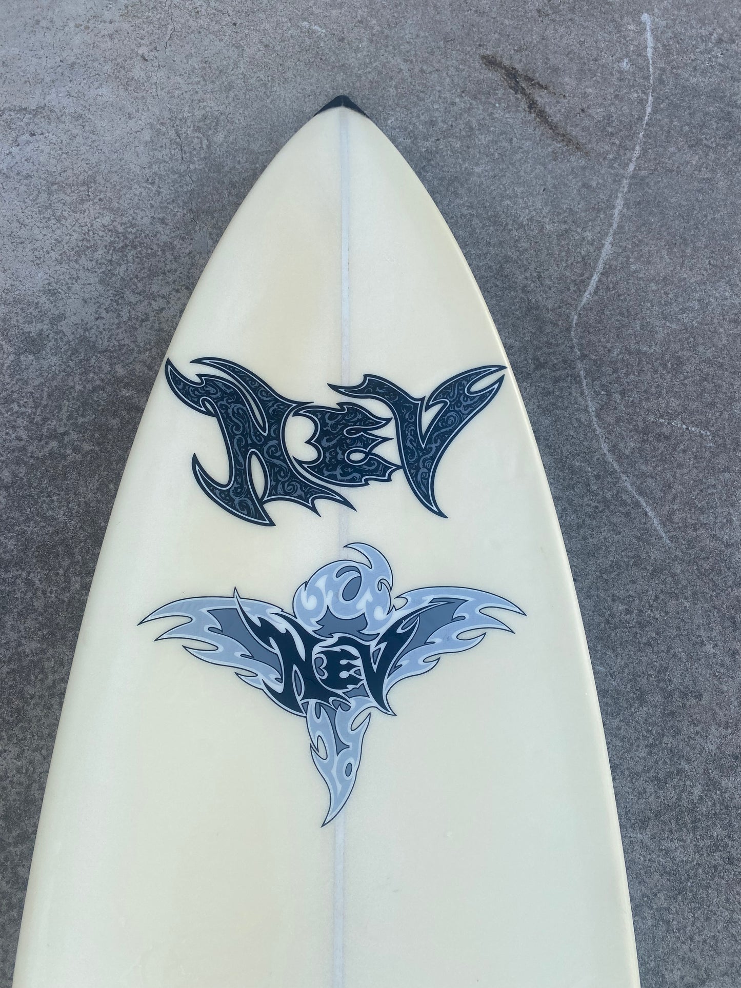 6’8 Nev Hyman 1990’s Vintage Thruster Surfboard, Gothic logo, straight & Clean condition